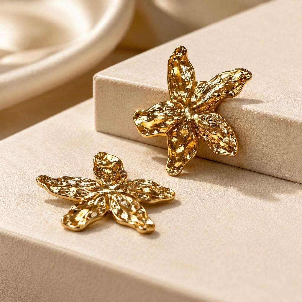 European Trend Gold Stainless Steel Five-Petal Flower Stud Earrings.