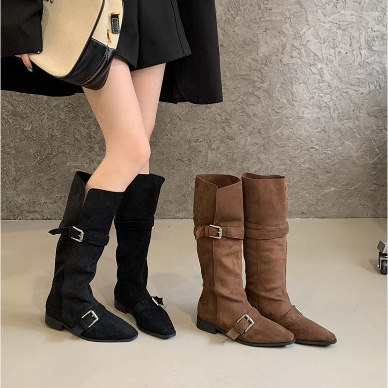 

Retro cow flip leather belt buckle thick heel western cowboy boots two wear lapel high knight boots brown boots women 40 коричневый