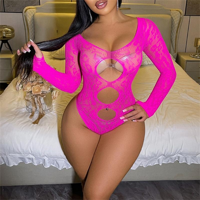 Damski Monokini z Długim Rękawem i Wycięciami z Siateczki Fishnet, Bez Pleców, Prześwitujące Siatkowe Body, Rajstopy Bielizna Piżama Ubrania Klubowe