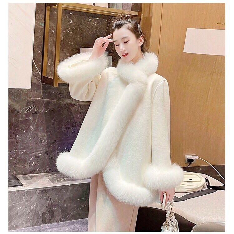 Winter Chinese celebrity style imitation fox fur medium and long coat women's wool cloak thickened coat
