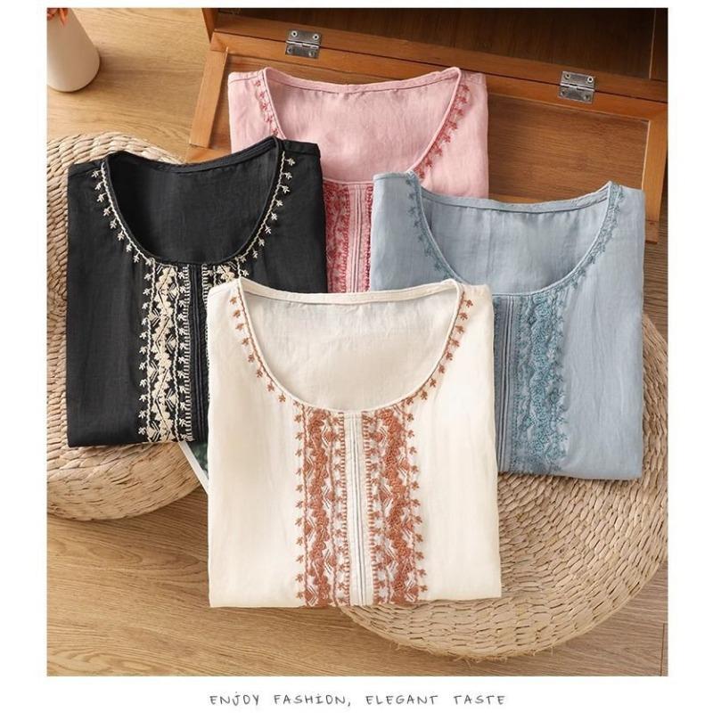 Women Off White Linen Sleeveless Vest Round Neck Front Ethnic Embroidery Open Front Loose Casual Waistcoat
