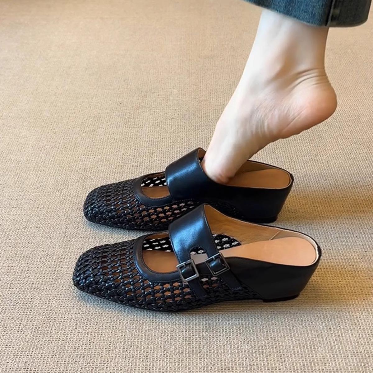 

Sheepskin version~ French retro style woven word with bag head sandals daily wear platform single shoes 25 years new 40 чёрный