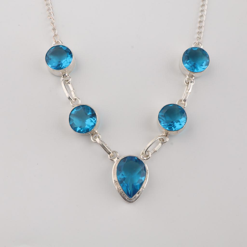 Naturlig Schweizisk Blå Topas Ädelsten Silverhalsband 925 Sterling Silver Handgjort Halsband 16-18' För Henne RN-3-12