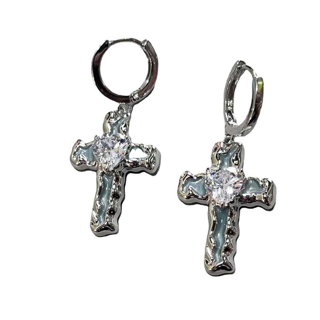 Niche Blue Drip Glaze Zircon Cross Ear Cuff - Women's Y2K Diamond-Studded Earrings