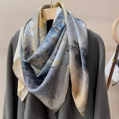 108*108cm100% Mulberry Silke Stort firkantet skjerf Oljemaling Luksusskjerf Solkrem Sjal Halsduk Gave