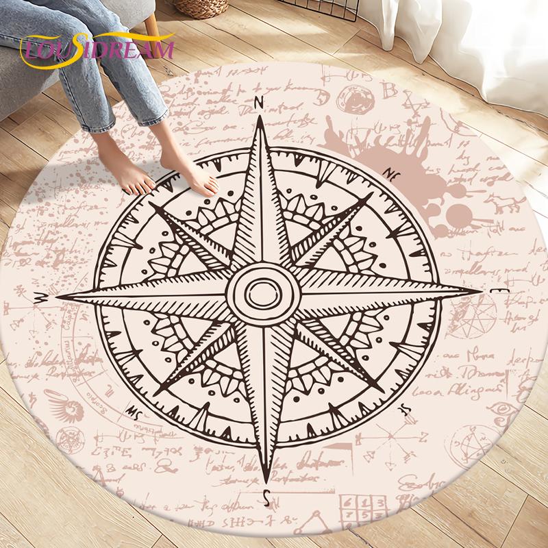 Compass Round Area Rug,Retro British Navy New World Discovery Rug,Carpets for Living Room Bedroom,Kids Play Non-slip Floor Mats