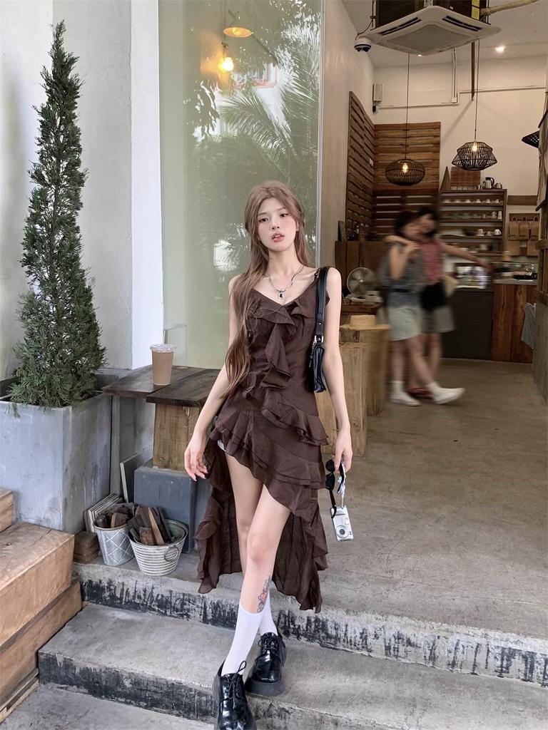 French beautiful lotus leaf edge suspender dress women's summer temperament irregular seaside vacation waist a word skirt