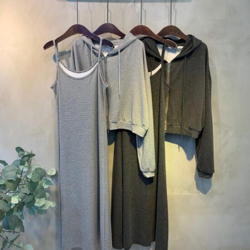 C S In The Room Women Stripe Two Way Hooded Zip Up Long dreSS Set 2Color