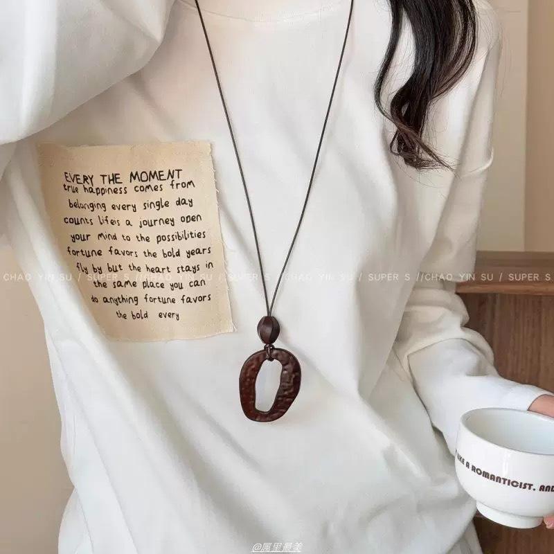 Vintage Long Irregular Circular Pendant Necklace For Women Ethnic Adjustable Sweater Chain