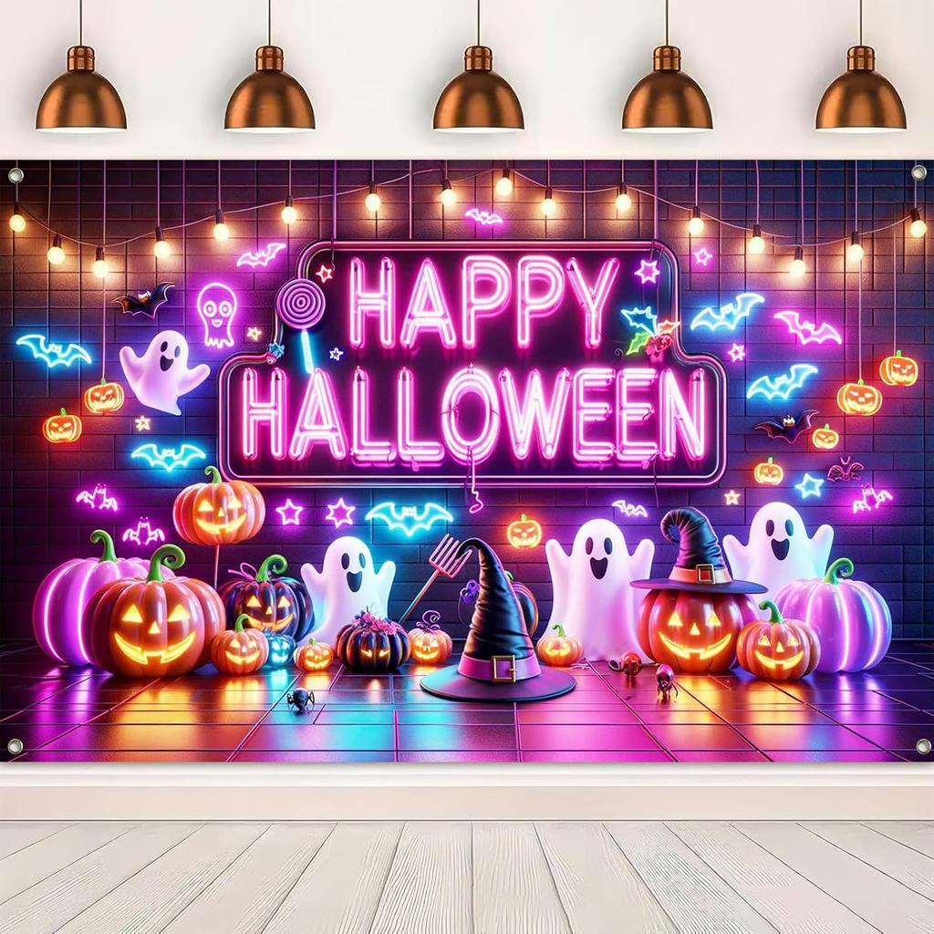 BlissYard Happy Halloween Banner Neon Ghost Pumpkin Backdrop 71 x 43 Inch