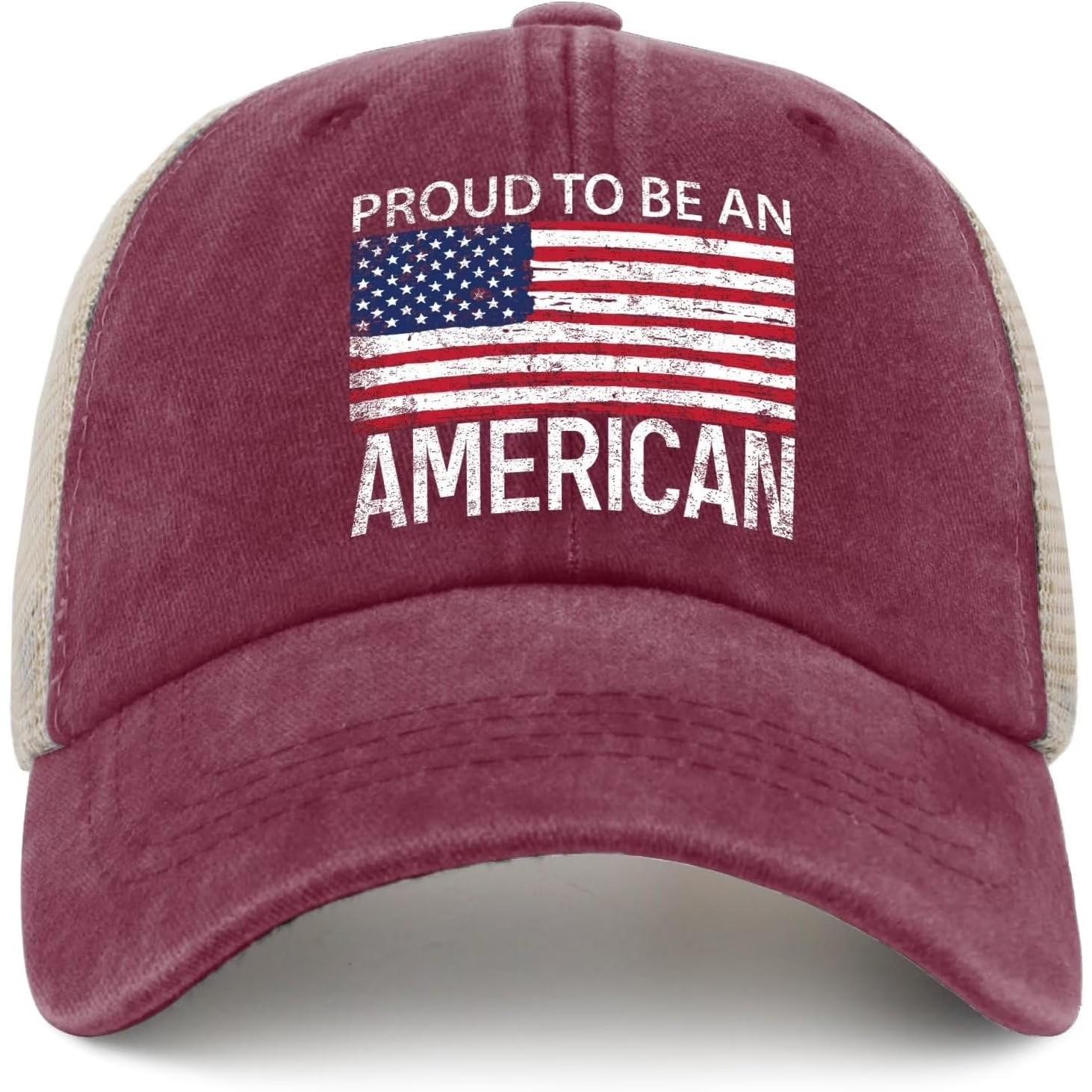 Proud To Be An American Flag Washed Denim Baseball Cap Vintage Distressed Adjustable Hat One Size