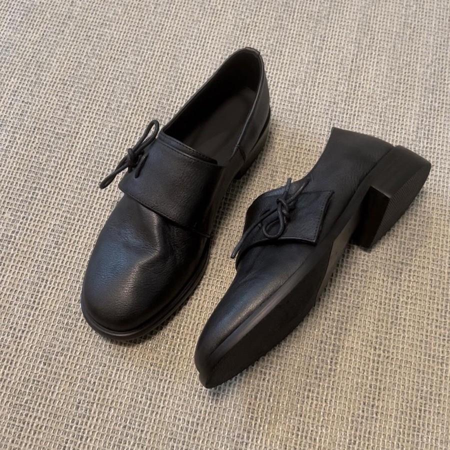 Retro leather bow deep mouth small leather shoes women's 2025 autumn and winter new versatile thick heel round head loafers single shoes