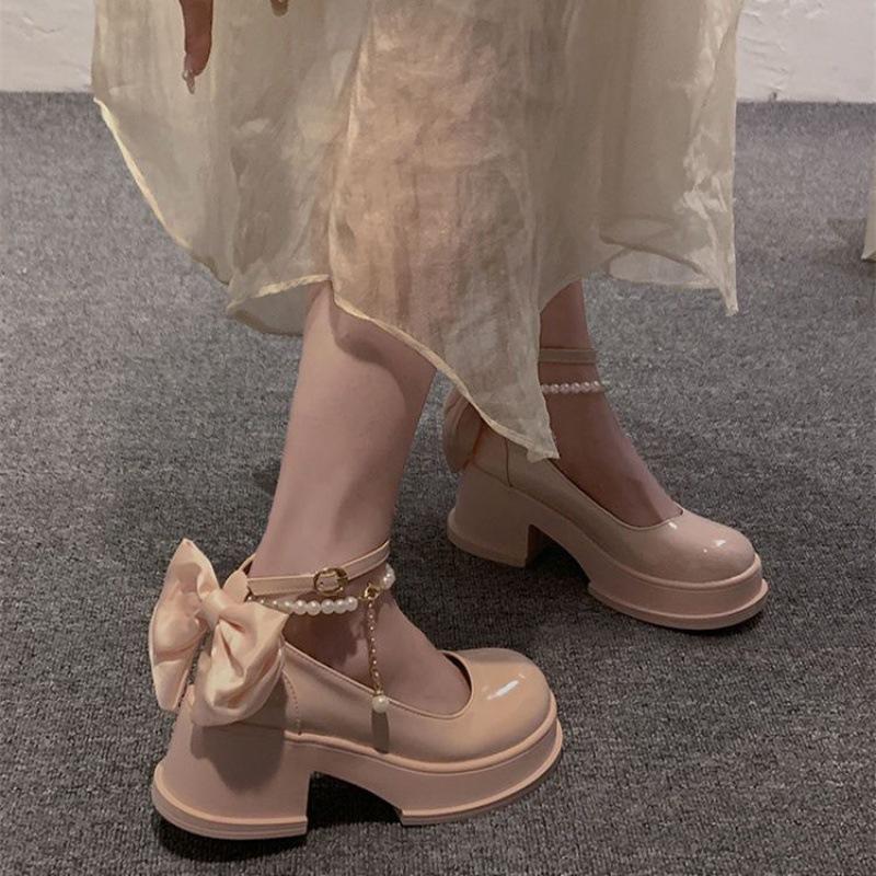 Sweet bow Mary Jane small leather shoes women's spring 2025 new thick-soled thick-heeled wedding shoes bridesmaid shoes