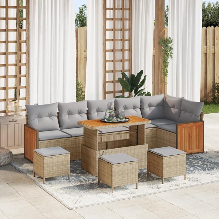 Set of 10 Pieces of Garden Sofas with Beige Cushions Poly Rattan Acacia, 2-Seater Garden Sofa with 3363332