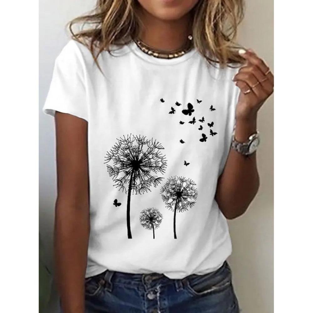 Farbenfrohes Damen-T-Shirt mit Aufdruck, 3D-gedrucktes Sommer-Mode-T-Shirt, Kurzärmeliges Rundhals-Top mit Pflanzenmustern
