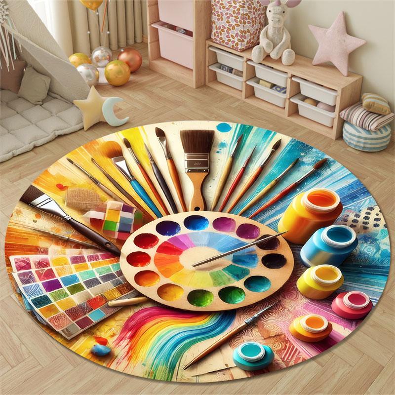 Playful Round Stained Glass Multicolor Rug Pad, Non-Slip Floor Mat for Dining Room