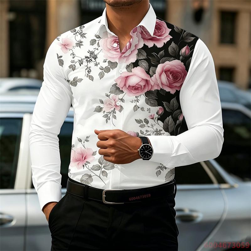 Men's Shirt with Retro Artistic Floral Print, Stylish Lapel, Long Sleeves, Business Casual, Trendy and Individualistic Style.