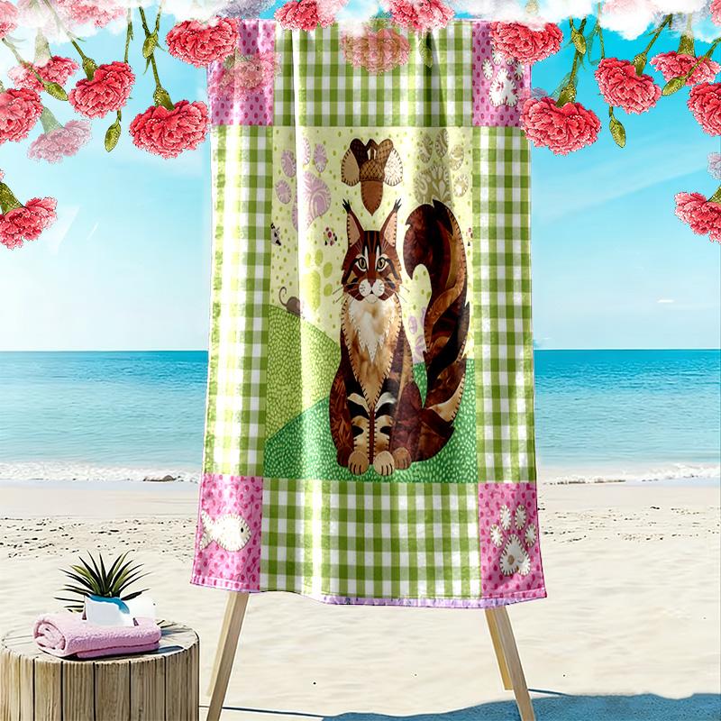 Cat Patchwork Art Print Beach Towel, Large Soft Quick Dry Towel for Beach Camping Swimming