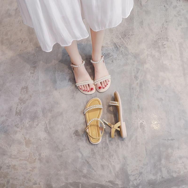 Woman Shoes Pearl Open Toe Flat Rubber Sandals for Women Sandal Wholesale Luxury 2025 Summer Offers Comfortable and Elegant Chic