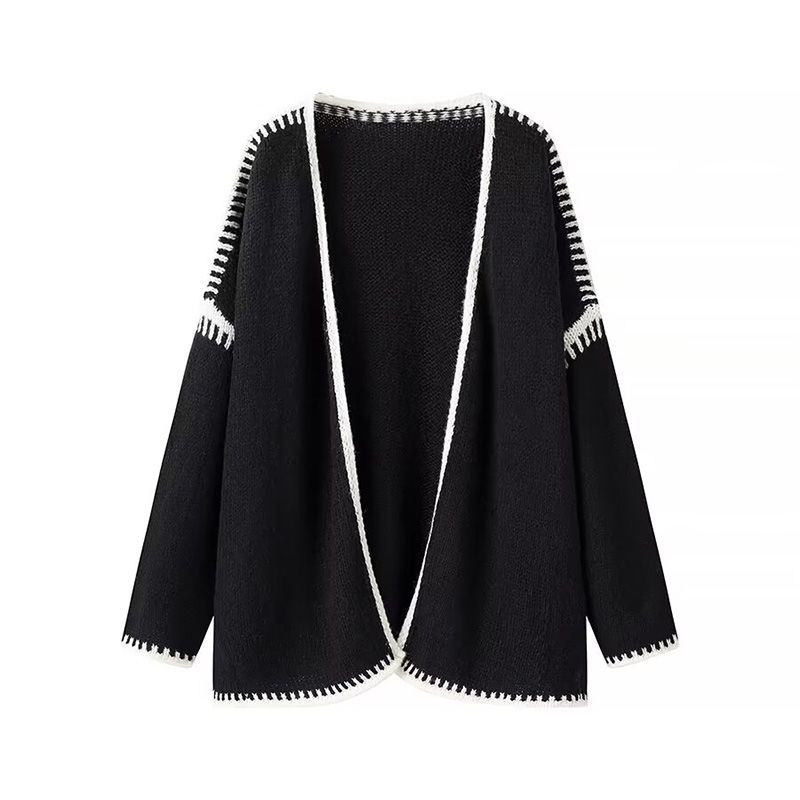 

Film Diary Nordic Style Simple Black Stitching Open Knit Loose Lazy All-Match Sweater Outerwear Black L