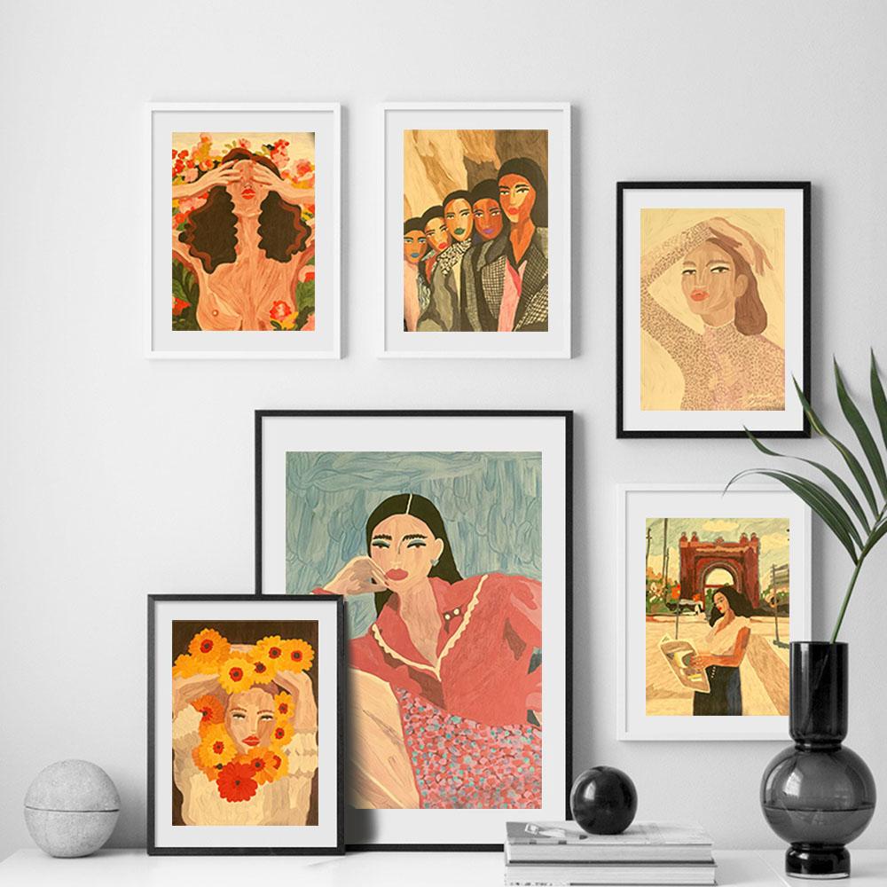 Vintage Fashion Girl Portrait Posters and Prints Paris Flower Wall Art Canvas Painting Wall Pictures for Living Room Decor Art