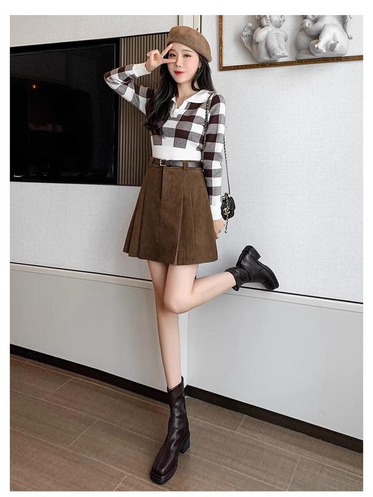 2024 Fall/Winter Korean Waistless Corduroy Pleated Mini Skirt - High Waist A-Line Design