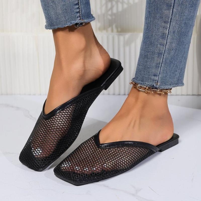 Fashion Women's Flat Shoes Spring New Square Head Deep Mouth Mesh Cloth Breathable Soft Sole Anti-slip Wear-resistant Slippers