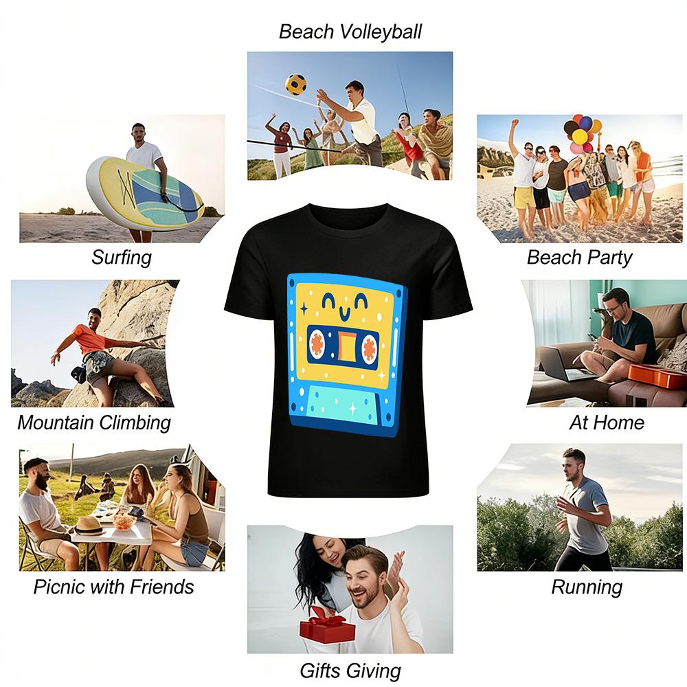 Retro Smiley Face Cassette Print T-Shirt Unisex Vintage Casual Loose Crew Neck Top Pure cotton T-shirt