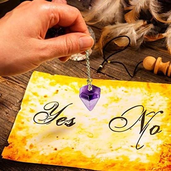 Bella Jade Natural Stone Power Pendulum Dowsing Feng Shui Divination made Purple Amethyst Healing Chaurastone Hexagonal Prism 6 Facets Metal Chain