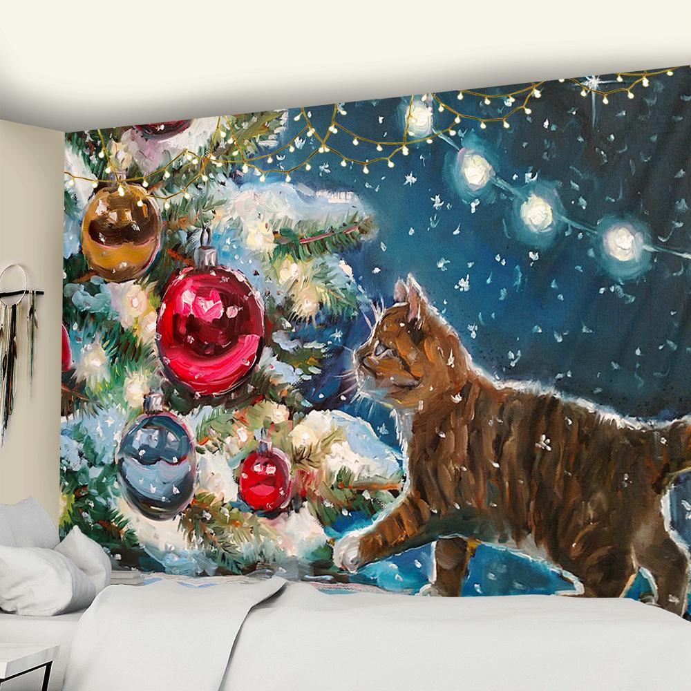 Christmas Art Wall Hanging Tapestry Christmas Tree and Cat Christmas Animal New Years Party Elk Yoga Blanket