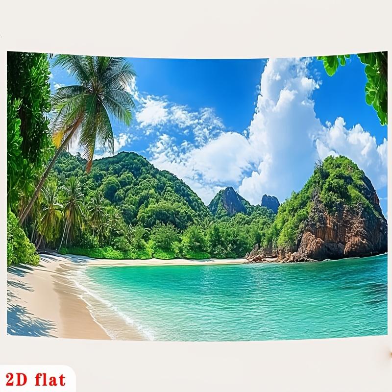 2D Plane Tropical Island Beach Mountain Landscape Background Fabric for Decorating Rooms Polyester Fiber Material