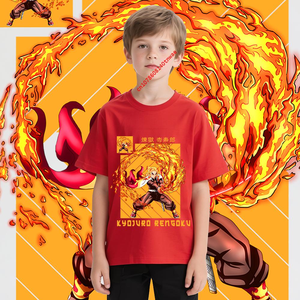 Boys Anime Kimetsu no Yaiba Tshirt Kyojuro Rengoku Print Cotton Tee Kids Lightweight Short Sleeve Top Casual Comfortable Wear
