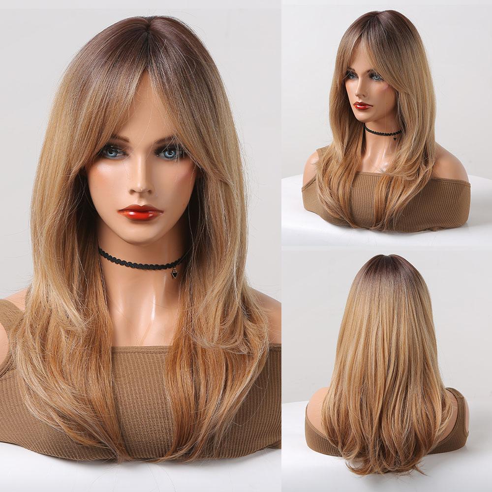Synthetic Wigs Long Natural Wavy Wig Ombre Brown Golden Highlight Blonde Layered Hair with Side Bangs for Women Heat Resistant