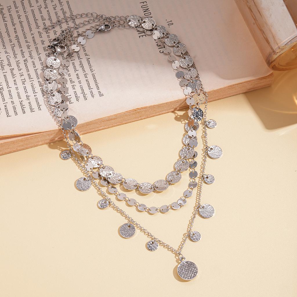 Three-piece Diamond-encrusted Multi-layer Geometric Round Sequined Necklace Necklace