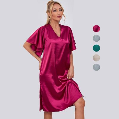 Piżama damska Satynowa koszula nocna z dekoltem w serek Krótkie rękawy Luźna sukienka do spania Lato Wygodna Casual Home Lounge Wear