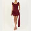 Satin Off Shoulder Pleated Mini Dress High Waist Slim Fit Party Wedding Gown
