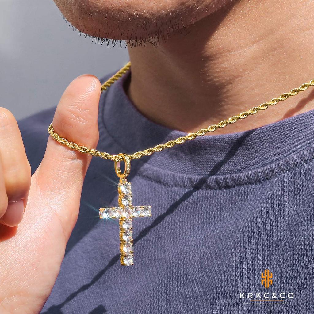 Cross Cross Pendant Top with Rope Chain Large CZ 14K Gold Gift KRKC&CO Necklace, [2-Piece Set] Diamond, Zirconia, Plated, Men's Accessories, Stylish,