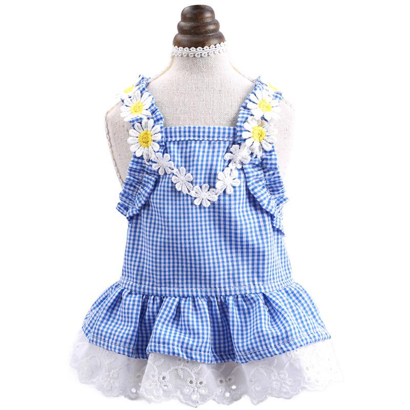 Pet Dog Cat Summer Mini Blue Plaid Sun Lace Dress Pet Clothing