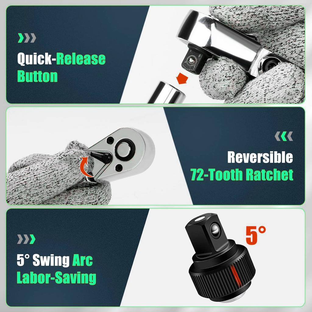 1/4 3/8 1/2 Inch Adjustable Ratchet Wrench Drive Rotating Ratchet Reversible Drive 72 Tooth Socket Wrench Morot Mechanical Tool