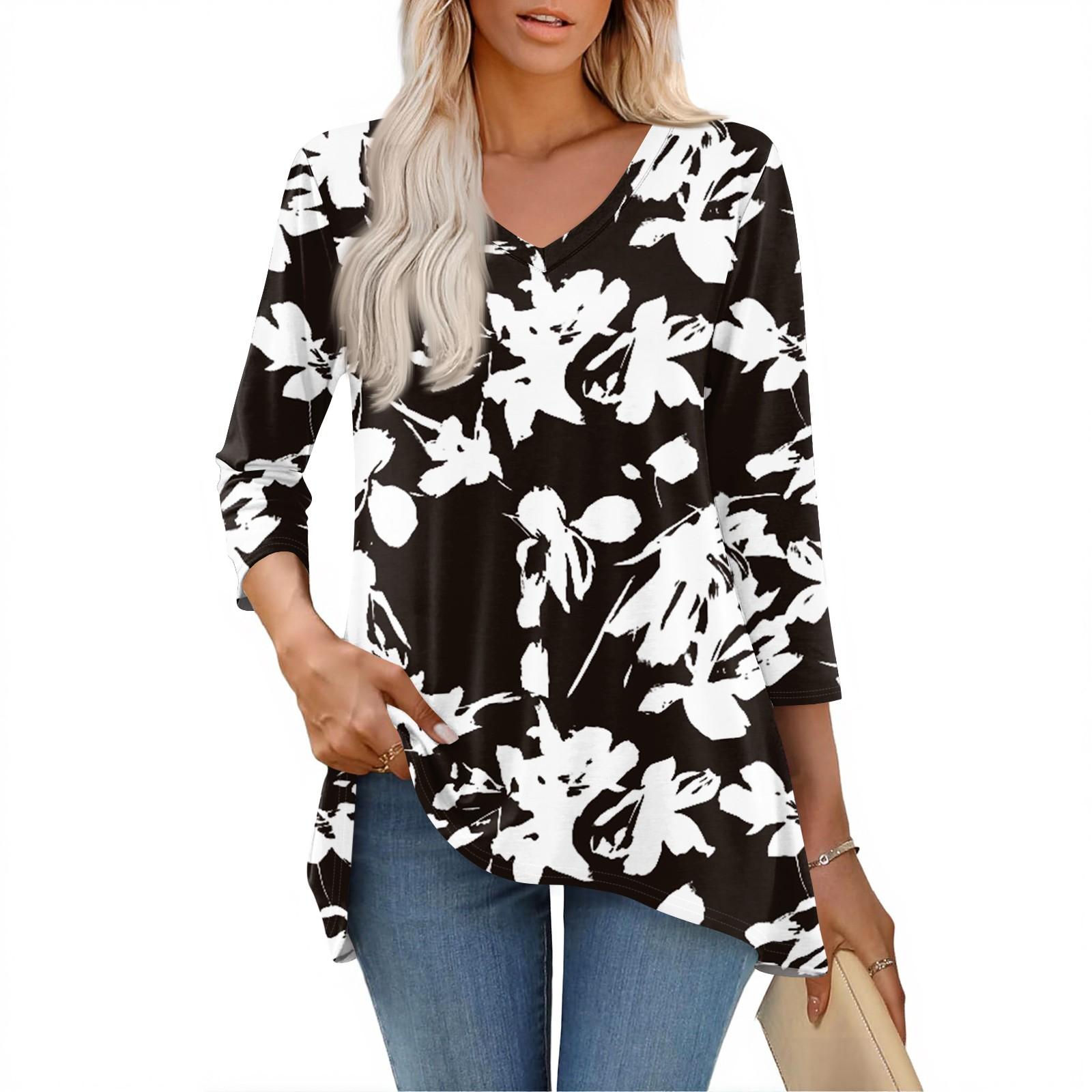 

Женские топы с V-образным вырезом и рукавом 3/4, повседневные блузки средней длины, модные туники с принтом S чёрный