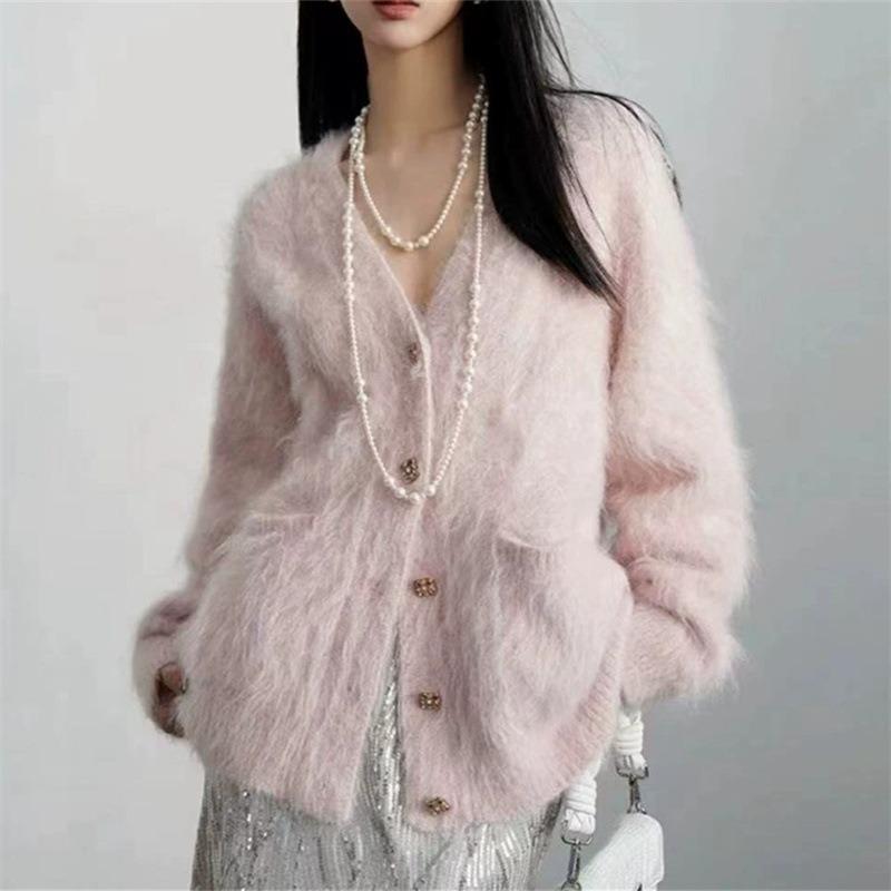 Korean Style Women's Imitation Mink Velvet Soft and Waxy Lazy Knitted Cardigan Autumn and Winter New Loose and Versatile Sweater Jacket