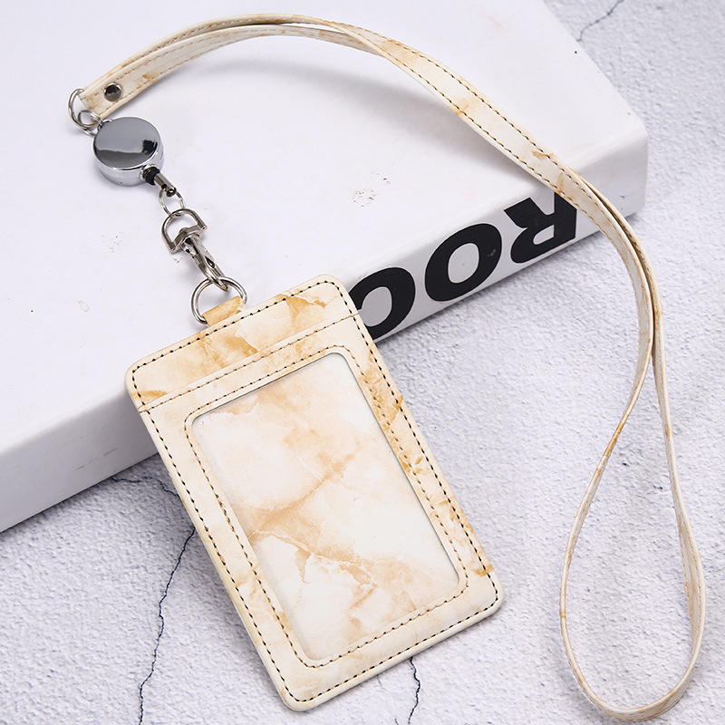 PU ID Card Holder Transparent Badge Holder With Card Slot Three Fold Card Holder Marble Patterned Neck Hanging Card Sleeve