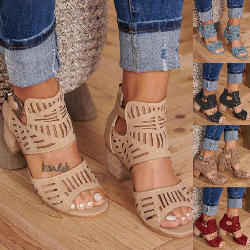 Elegant Women Chunky Block Heels Sandals With Peep Toe And Ankle Strap Buckle