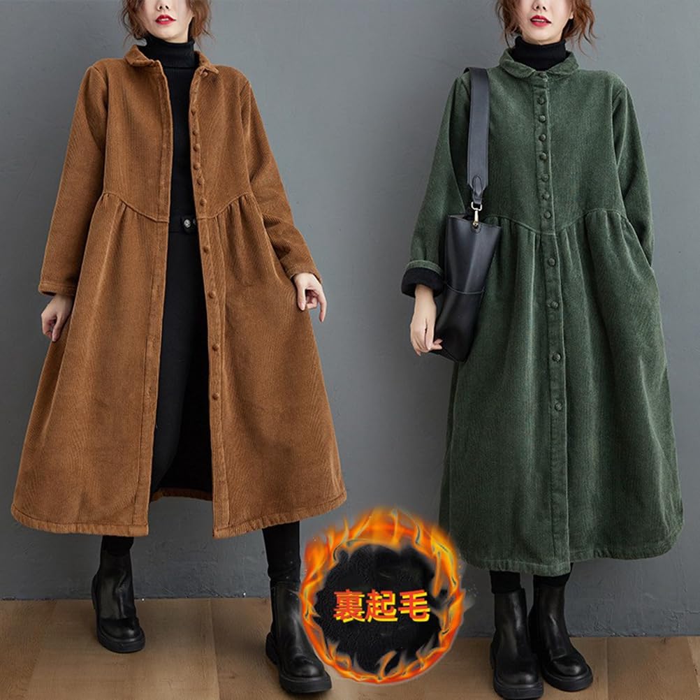 YAYUPLUS Long Corduroy Shirt Dress with Fleece Perfect for Fall and Long Midi Open Long Loose and Casual Style Women's Lining, Winter, Length, Front,