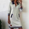 Fall Winter Women's Casual Color Block Dress Zip Collar Long Sleeve Pockets Dress European American Style