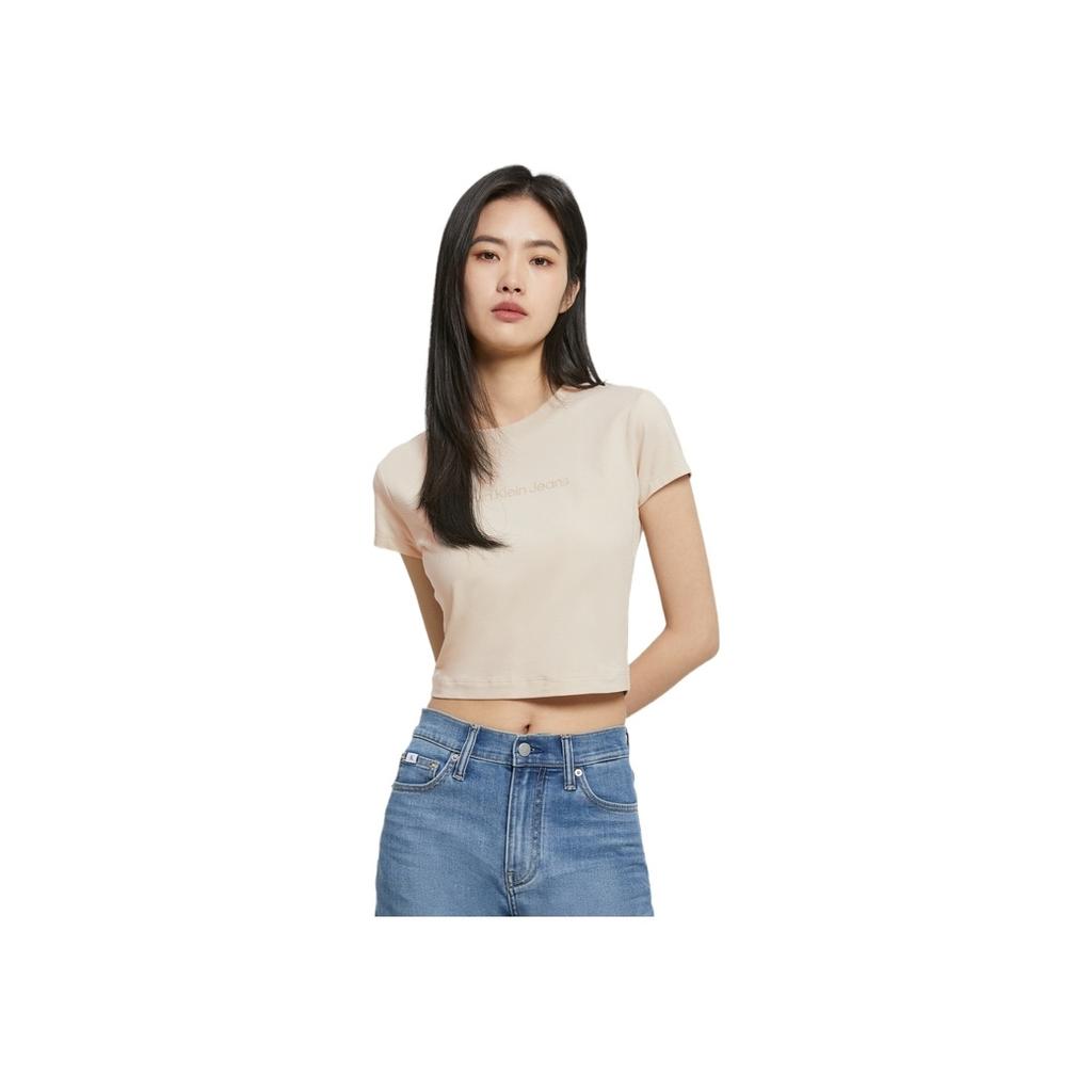 Calvin Klein SS23 Solid Color Crew Neck Cropped Short Sleeve T-Shirt Women Tops Light-Khaki J221172-ACI