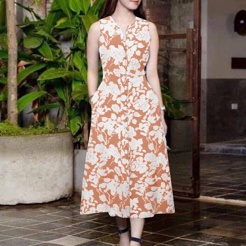 ZANZEA Women Summer V-Neck Casual Printing Sleeveless Dress