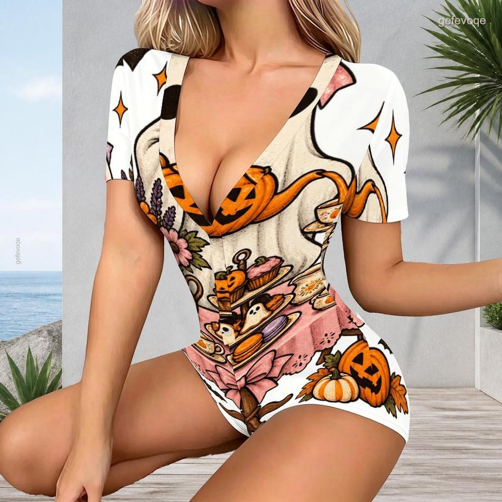 Women Plus Size V Neck Short Sleeve Button Front Raccoon Pumpkin Print Short Romper