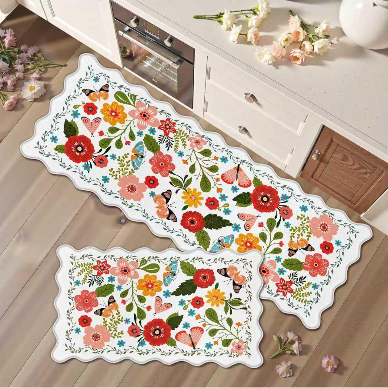 Temu Floral Kitchen Mat Set - Oil-Absorbing, Stain-Resistant, Easy-to-Clean, Two-Piece Set. 40*60cm (Soft Velvet)