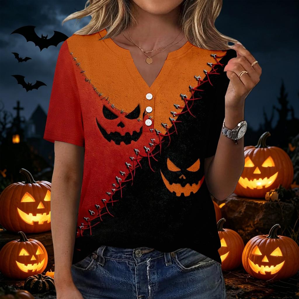 Women's Casual V Neck Short Sleeve Button T Shirt Halloween Spider Web Print Lightweight Top for Everyday Wear and Seasonal Occasions
